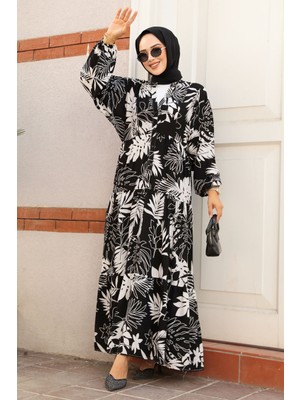Neva Style Desenli Siyah Tesettür Elbise 23582S
