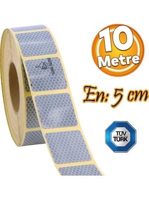 Badem10 Tüvtürk Onaylı Beyaz Gri Kesik Reflektörlü Bant Gece Parlayan En 5 cm 10 mt Ikaz Fosforlu Reflektif