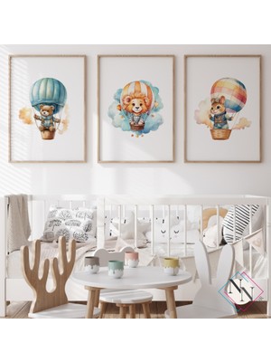 Nn Decor Balon Temalı 3'lü Set - Aslan, Ayı, Sincap - Doğal Ahşap Çerçeveli, Bebek & Çocuk Odası Tablo Seti