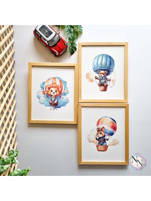 Nn Decor Balon Temalı 3'lü Set - Aslan, Ayı, Sincap - Doğal Ahşap Çerçeveli, Bebek & Çocuk Odası Tablo Seti