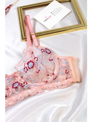 Like Swan Açık Pembe Balenli Dantelli Transparan Bralet Iç Çamaşırı Takımı