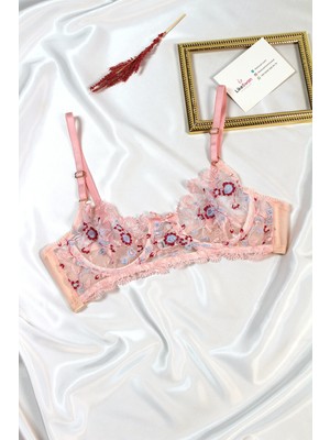 Like Swan Açık Pembe Balenli Dantelli Transparan Bralet Iç Çamaşırı Takımı