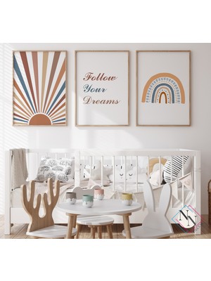 Nn Decor Boho Temalı 3'lü Set - Güneş ve Gökkuşağı - Doğal Ahşap Çerçeveli, Bebek ve Çocuk Odası Tablo Seti