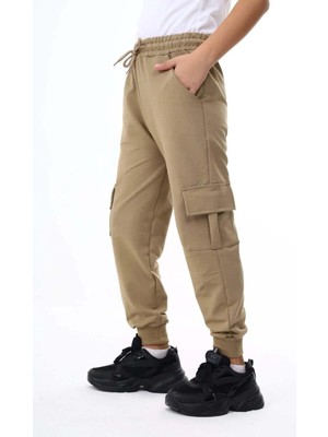 Miniko Kids Kız Erkek Kargo Cepli Bej Okul Eşofman Altı