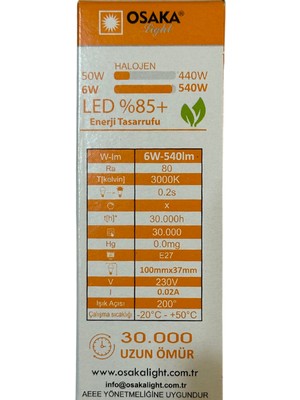 Osaka 6W (50W) 3000K (Sarı Işık) E27 Duylu LED Ampul (2 Adet)