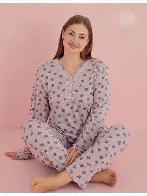 Pijamerry Kadın Büyük Beden Dantel Yaka Bambu Uzun Kol Pijama Takımı 5068 - 1 Adet