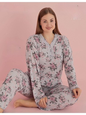 Pijamerry Kadın Büyük Beden Dantel Yaka Bambu Uzun Kol Pijama Takımı 5073 - 1 Adet