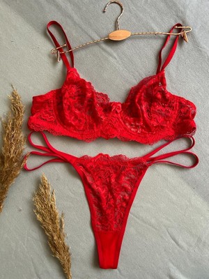 Strlingerie Love Kırmızı 85/l Beden Balenli Kadın Dantel Sexy Iç Çamaşırı Set