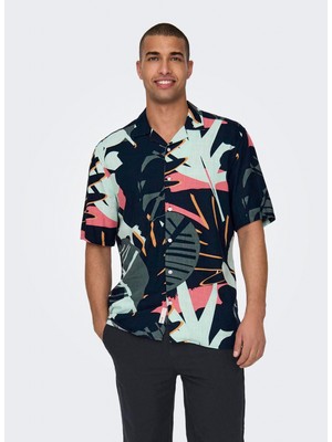 Only & Sons Rahat Lacivert Desenli Erkek Gömlek Onsbertıl Reg Vısc Lınen Aop Ss Shı