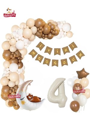 Mg Store Retro Renk 4 Yaş Krem Ayılı Ay Folyo Balonlu Iyi Ki Doğdun Bannerli Doğum Günü Parti Seti