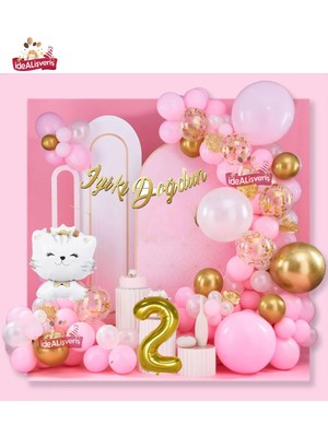 Mg Store Sevimli Kedi Gold 2 Yaş Folyo Balonlu Iyi Ki Doğdun Yazılı Pembe Gold Konsept Doğum Günü Parti Seti