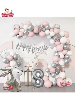 Mg Store Gümüş Pembe Lüks 8 Yaş Tavşan Folyo Doğum Günü Süsü Doğum Günü Parti Balon Zincir Set