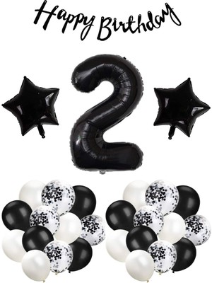 Mg Store Siyah Konsept 2 Yaş Doğum Günü Kutlama Seti; Beyaz Siyah Konfetili Balon, Rakam Yıldız Folyo Ve Bann