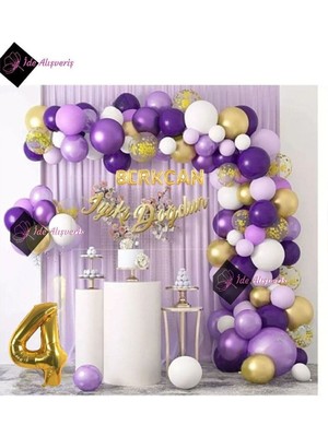 Mg Store 7 Harf Isimli 4 Yaş Macaron Mor Balon Zinciri Seti Gölge Mor Altın Balon Dekorasyon