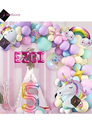 Mg Store 5 Yaş Ve 4 Harfli Gökkuşağı Konsepti Unicorn Temalı Makaron Balon Doğum Günü Parti Kutlama Seti