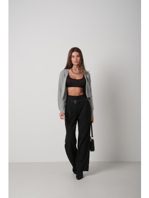 Black Fashion Biyeli Crop Gri Triko Hırka