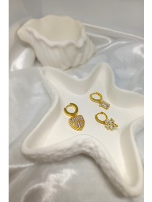 Rosa Juliet Jewelry Kadın Gold Renk 316L Çelik Kararma Yapmayan 3'lü Zirkon Taşlı Küpe Set