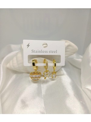 Rosa Juliet Jewelry Kadın Gold Renk 316L Çelik Kararma Yapmayan 3'lü Zirkon Taşlı Küpe Set