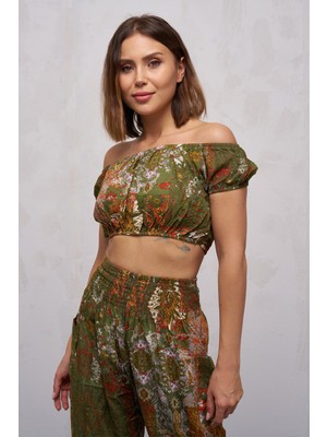 Kadın Haki Etnik Desenli Viskon Lastikli Straplez Yaka Crop Bluz - 2237