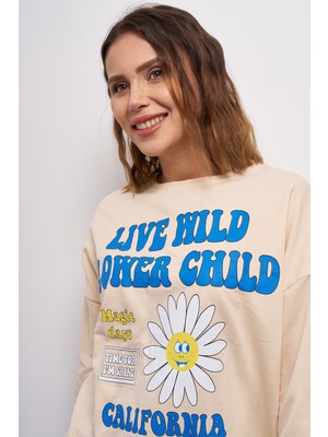 Giysa Kadın Düşük Kol Live Wild Baskılı Sweatshirt
