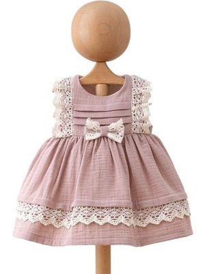 Miomini Baby 3893MM Kız Bebek Müslin Kolsuz Gül Kurusu Elbise