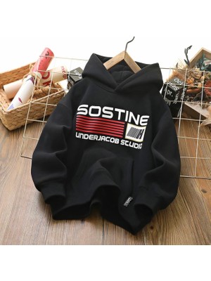 Kids Face Özel Tasarım Kapüşonlu Kırmızı Şerit Baskılı Şardonlu Kışlık Oversize Erkek Çocuk Sweatshırt