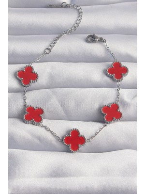 Clariss 316L Çelik Gümüş Renk Kırmızı Mineli Yonca Bileklik