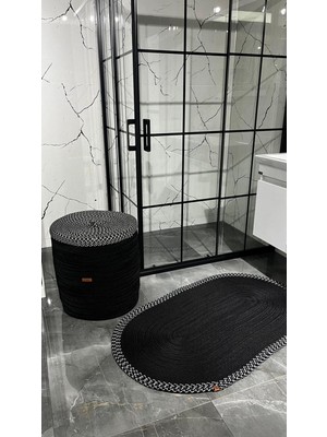 Soft Hobi Decor 2'Li Siyah Renk Kenar Desenli Banyo Paspas Takımı Jüt, Hasır