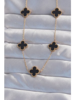 Callerrons Accessories  316L Çelik Gold Renk Siyah Mineli Yonca Kolye - EBJ240822W26880