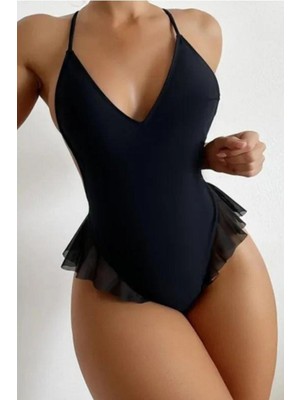 Bscitirstore Siyah Fırfırlı Bodysuit Özel Tasarım Fileli