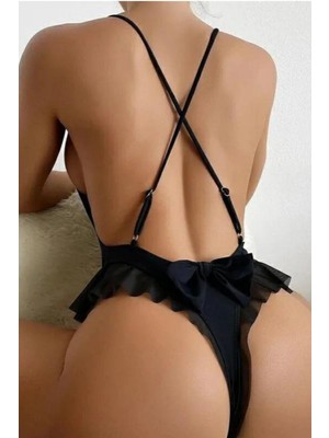 Bscitirstore Siyah Fırfırlı Bodysuit Özel Tasarım Fileli