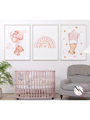 Nn Decor Oyuncak Ayı Ve Gökyüzü Temalı 3'Lü Set - Pembe -  Ahşap Çerçeveli, Bebek Ve Çocuk Odası Tablo Seti