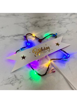 Kidspartim Lüks Pasta Üstü Çubuklu Happy Bırthday Yıldız Desenli Cipsolu Işıklı 21 Cm