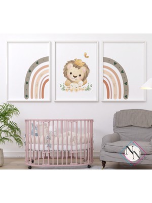 Nn Decor Aslan Ve Gökkuşağı Temalı 3'Lü Set -  Ahşap Çerçeveli, Bebek Ve Çocuk Odası Tablo Seti