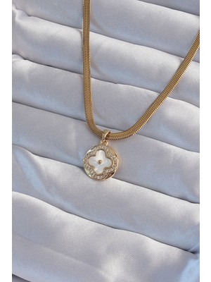 Ezo Concept 316L Çelik Italyan Zincirli Gold Renk Zirkon Taşlı Sedefli Yonca Model Kolye