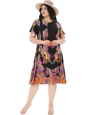 Melsay Butik Siyah Şal Desen Kısa Kollu Büyük Beden Midi Elbise