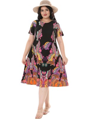 Melsay Butik Siyah Şal Desen Kısa Kollu Büyük Beden Midi Elbise