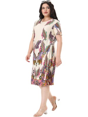 Melsay Butik Ekru Şal Desen Kısa Kollu Büyük Beden Midi Elbise