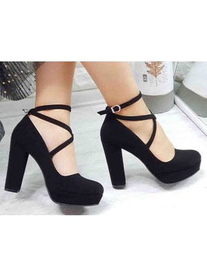 Göymen Kundura Kadın Abiye Platform Siyah Süet Bilekten Çapraz Bağlı Ayakkabı