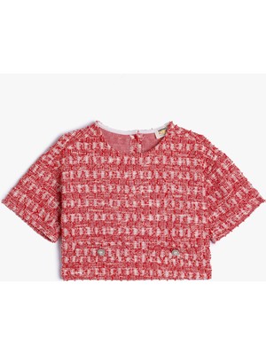 Koton Crop Tüvit Bluz Kısa Kollu Yuvarlak Yaka Cepli Düğmeli