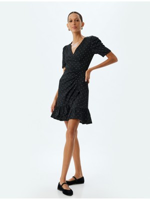 Koton Puantiyeli Mini Elbise Kruvaze V Yaka Kısa Kollu Fırfırlı