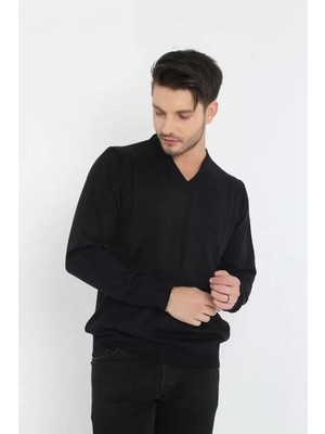Unisex Uzun Kol V Yaka Triko Kazak - Siyah