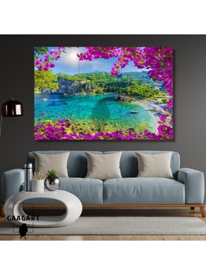Gaagart Tekli Yatay Kanvas Duvar Tablosu Pembe Çiçekler Ve Berrak Deniz