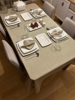Zeren Home Meral Kurşun Collection Polyester Keten Simli Masa Örtüsü Taş Rengi + 12 Peçete