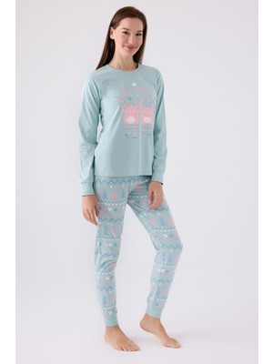 Rolypoly Kadın  Mavi Uzun Kol Pijama Takım