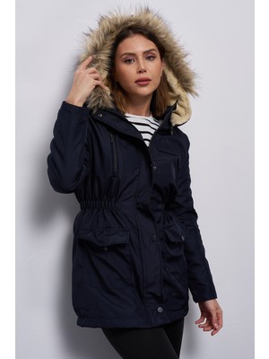 Giysa Lacivert Kadın İçi Kürklü Beli Lastikli Kapüşonlu Mont
