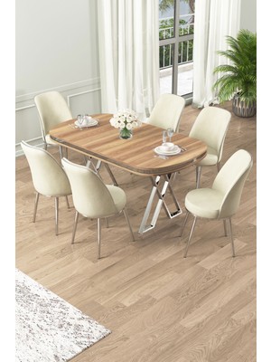 Canisa Lai Serisi 90 x 168 cm Lak Panel Hazar krom Ayak Masa Takımı ve 6 Krem Sandalye