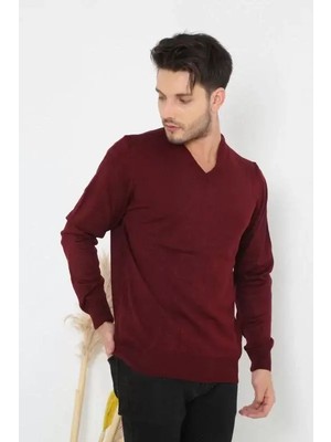 Koflandy Unisex Uzun Kol V Yaka Triko Kazak - Bordo