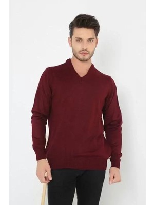 Koflandy Unisex Uzun Kol V Yaka Triko Kazak - Bordo