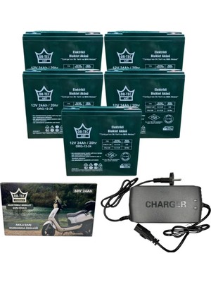 Or-Tec 5'li Set 12V 24 Ah Elektrikli Motosiklet Aküsü ve 60V 24AH Elektrikli Bisiklet Şarj Aleti Seti